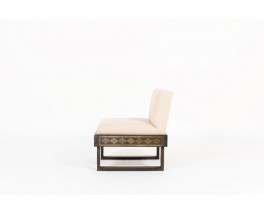 Low chair in dark wood and beige linen fabric African design 1950