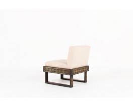 Low chair in dark wood and beige linen fabric African design 1950