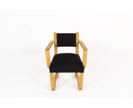 Francisque Chaleyssin armchair in raw oak and black linen fabric 1930