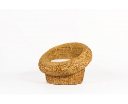 Armchair in braided banana leaves and Bouclette fabric from Maison Thevenon 1950