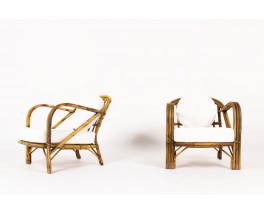 Audoux Minet low chairs in rattan and Maison Thevenon fabric 1950 set of 2