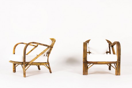 Audoux Minet low chairs in rattan and Maison Thevenon fabric 1950 set of 2