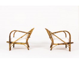 Audoux Minet low chairs in rattan and Maison Thevenon fabric 1950 set of 2