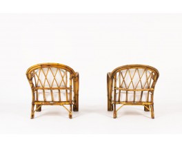 Audoux Minet low chairs in rattan and Maison Thevenon fabric 1950 set of 2