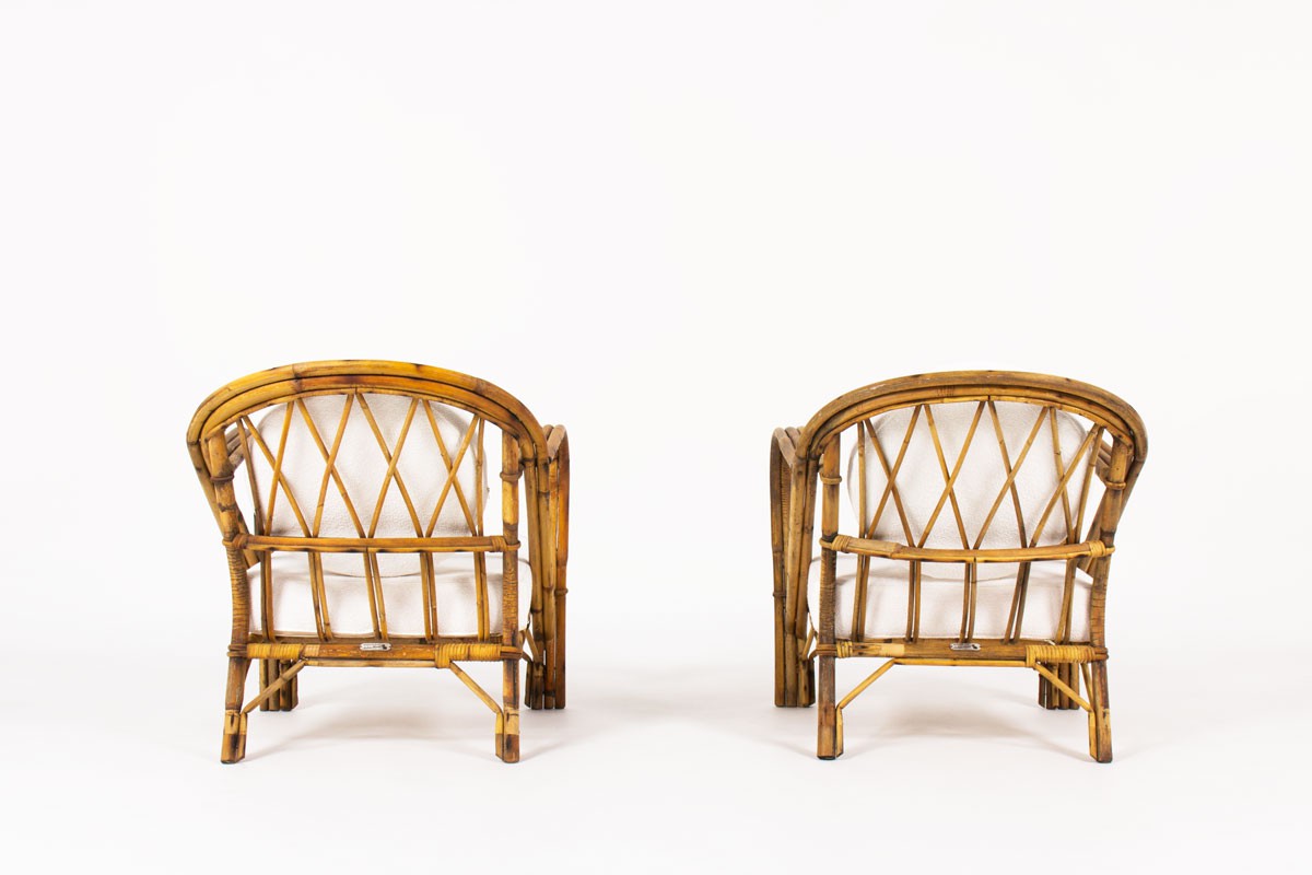 Audoux Minet low chairs in rattan and Maison Thevenon fabric 1950 set of 2