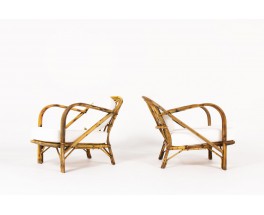 Audoux Minet low chairs in rattan and Maison Thevenon fabric 1950 set of 2