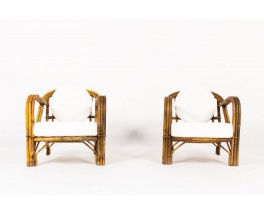 Audoux Minet low chairs in rattan and Maison Thevenon fabric 1950 set of 2