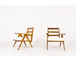 Armchairs in oak with slat and Maison Thevenon fabric 1950 set of 2