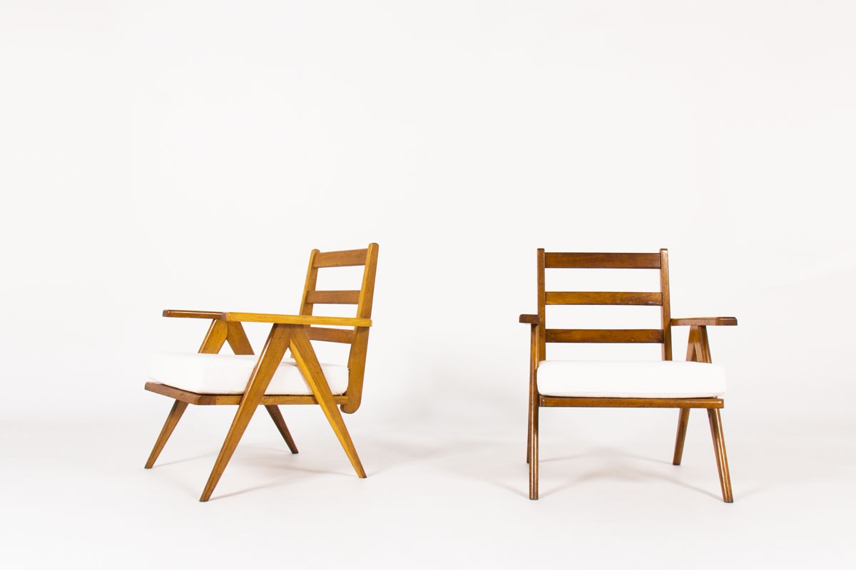 Armchairs in oak with slat and Maison Thevenon fabric 1950 set of 2