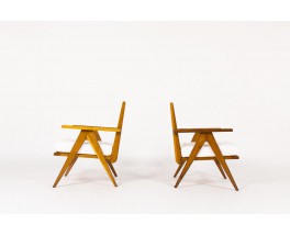 Armchairs in oak with slat and Maison Thevenon fabric 1950 set of 2