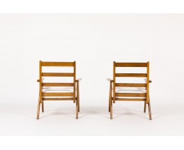 Armchairs in oak with slat and Maison Thevenon fabric 1950 set of 2