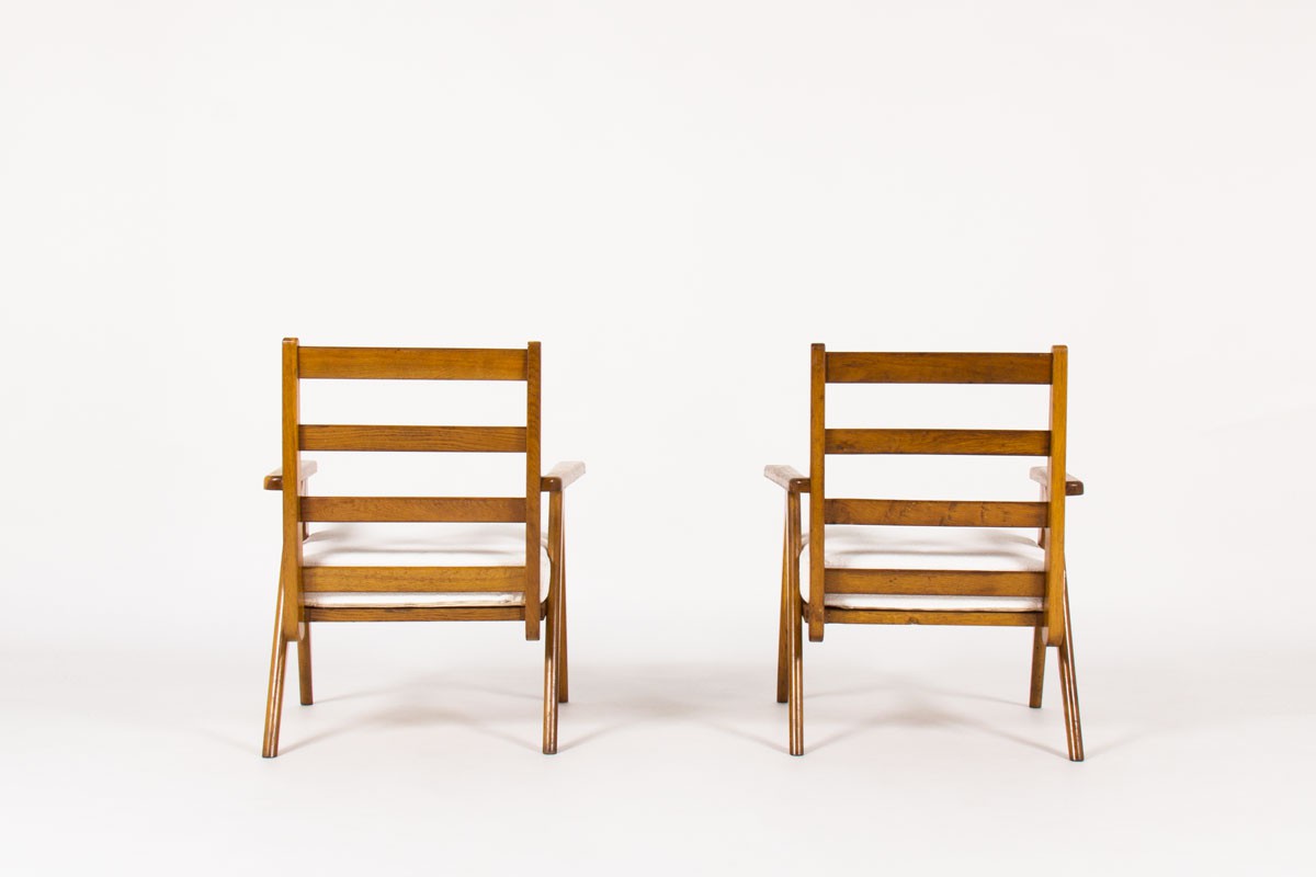 Armchairs in oak with slat and Maison Thevenon fabric 1950 set of 2