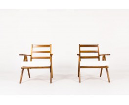 Armchairs in oak with slat and Maison Thevenon fabric 1950 set of 2