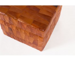 Pouf coffre modèle Patchwork en cuir marron patiné édition De Sède 1960