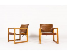 Karin Mobring armchairs in pine and leather 1970 set of 2