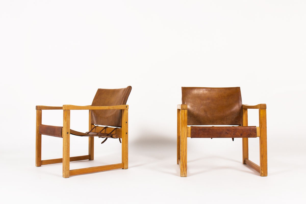 Karin Mobring armchairs in pine and leather 1970 set of 2