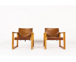 Fauteuils Karin Mobring en pin et cuir 1970 set de 2