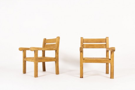 Armchairs in light oak and straw seat 1950 set of 2