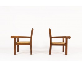 Armchairs in dark oak and straw seat 1950 set of 2