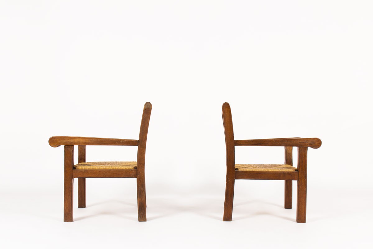 Armchairs in dark oak and straw seat 1950 set of 2