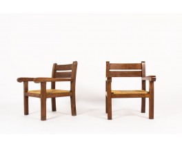 Armchairs in dark oak and straw seat 1950 set of 2