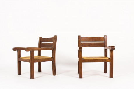Armchairs in dark oak and straw seat 1950 set of 2