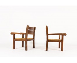 Armchairs in dark oak and straw seat 1950 set of 2