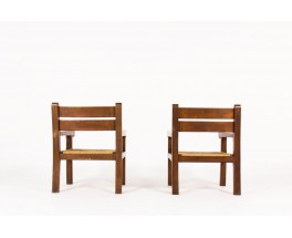 Armchairs in dark oak and straw seat 1950 set of 2