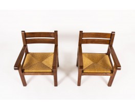 Armchairs in dark oak and straw seat 1950 set of 2