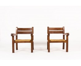 Fauteuils chêne foncé et assise paille 1950 set de 2