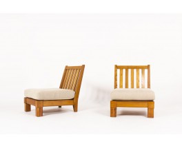 Fauteuils en orme et tissu lin beige Maison Thevenon 1950 set de 2