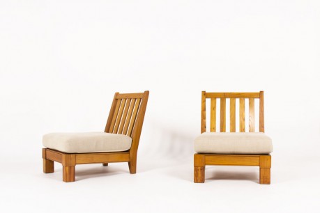 Fauteuils en orme et tissu lin beige Maison Thevenon 1950 set de 2
