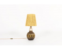 Lampe Georges Pelletier en céramique marron et abat-jour corde 1960