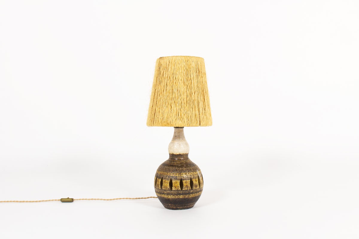 Georges Pelletier lamp in brown ceramic and rope lampshade 1960