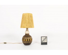 Lampe Georges Pelletier en céramique marron et abat-jour corde 1960