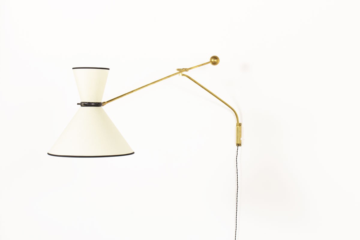 Wall light with brass counterweight and diabolo lampshade edition Lunel 1950