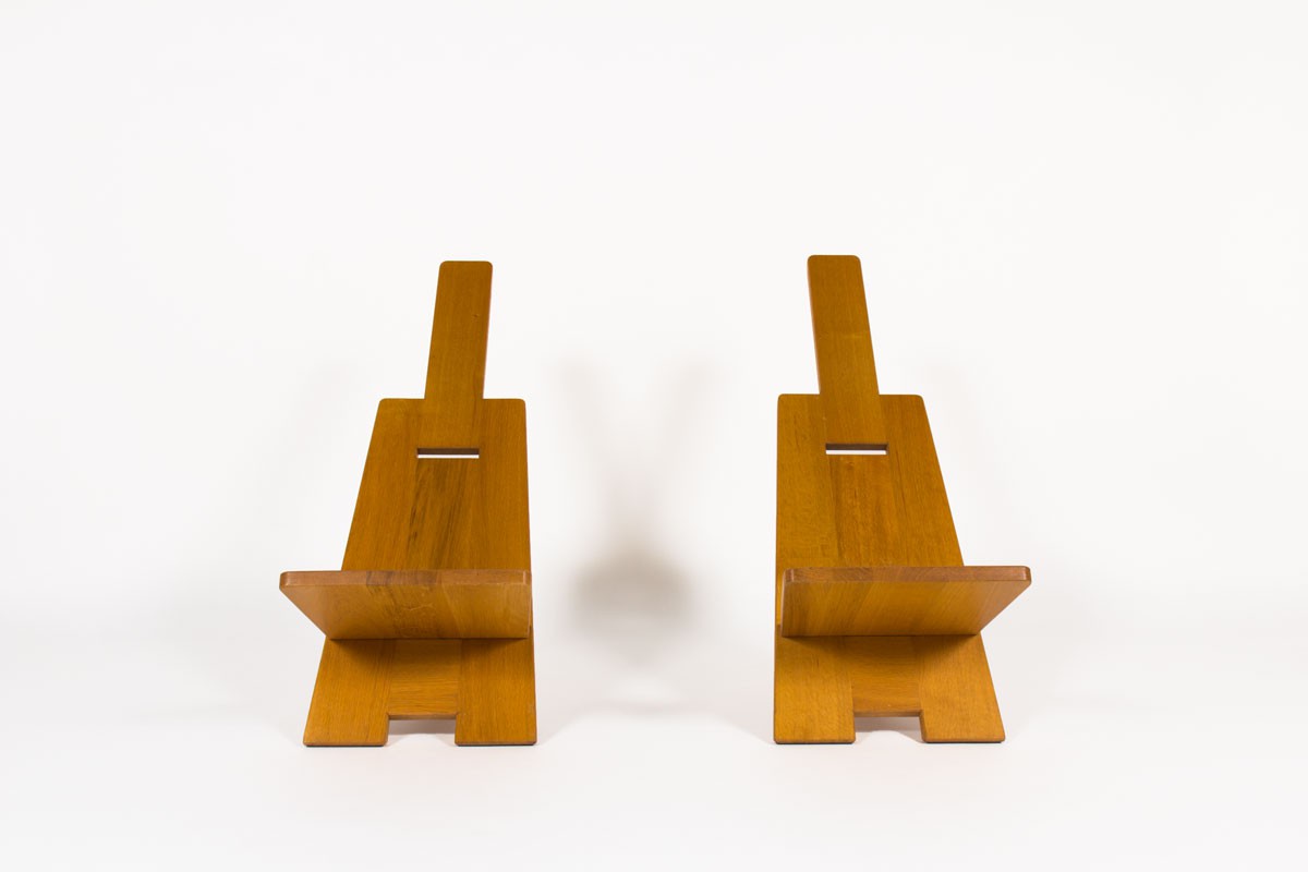 Alain Gaubert armchairs in oak 1980 set of 2