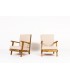 Armchairs in oak and beige linen design reconstruction 1950 set of 2
