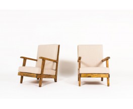 Armchairs in oak and beige linen design reconstruction 1950 set of 2