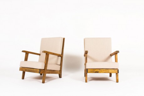Armchairs in oak and beige linen design reconstruction 1950 set of 2
