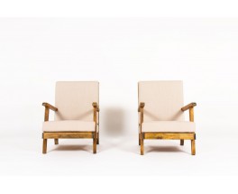 Fauteuils en chêne et lin beige design reconstruction 1950 set de 2