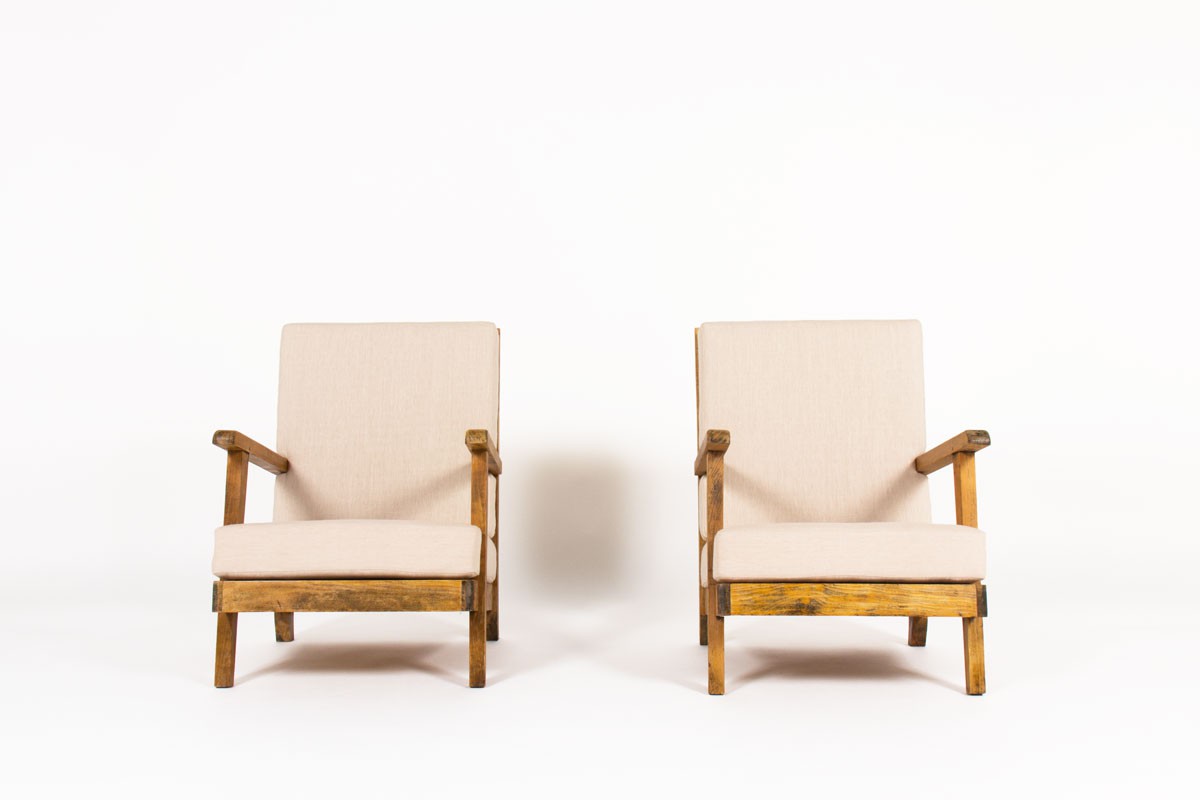 Fauteuils en chêne et lin beige design reconstruction 1950 set de 2