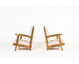 Armchairs in oak and beige linen design reconstruction 1950 set of 2