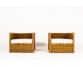 Armchairs in rattan and beige fabric 1950 set of 2