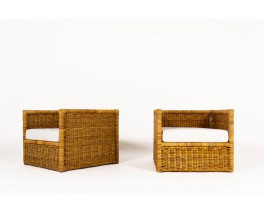 Armchairs in rattan and beige fabric 1950 set of 2