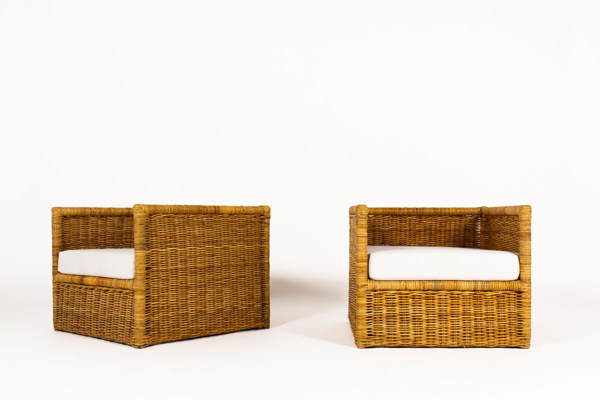Armchairs in rattan and beige fabric 1950 set of 2