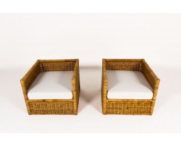 Armchairs in rattan and beige fabric 1950 set of 2