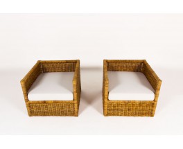 Armchairs in rattan and beige fabric 1950 set of 2