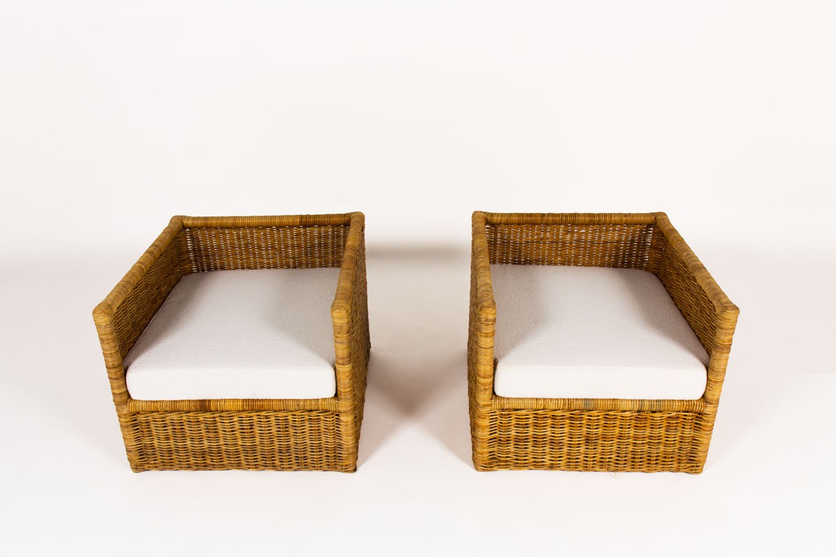 Armchairs in rattan and beige fabric 1950 set of 2