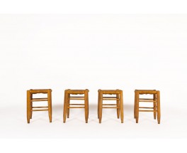 Stools in straw and tinted beech 1950 set of 4